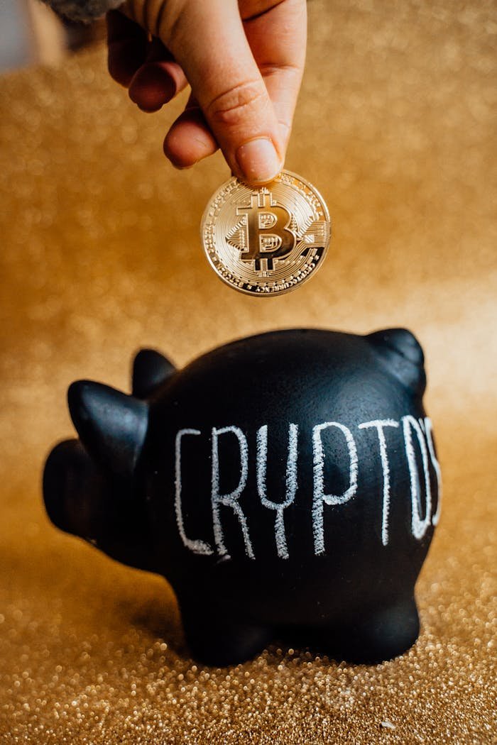 person-putting-bitcoin-in-a-piggy-bank-6780838 A hand places a Bitcoin into a piggy bank labeled Crypto, symbolizing savings and investment.